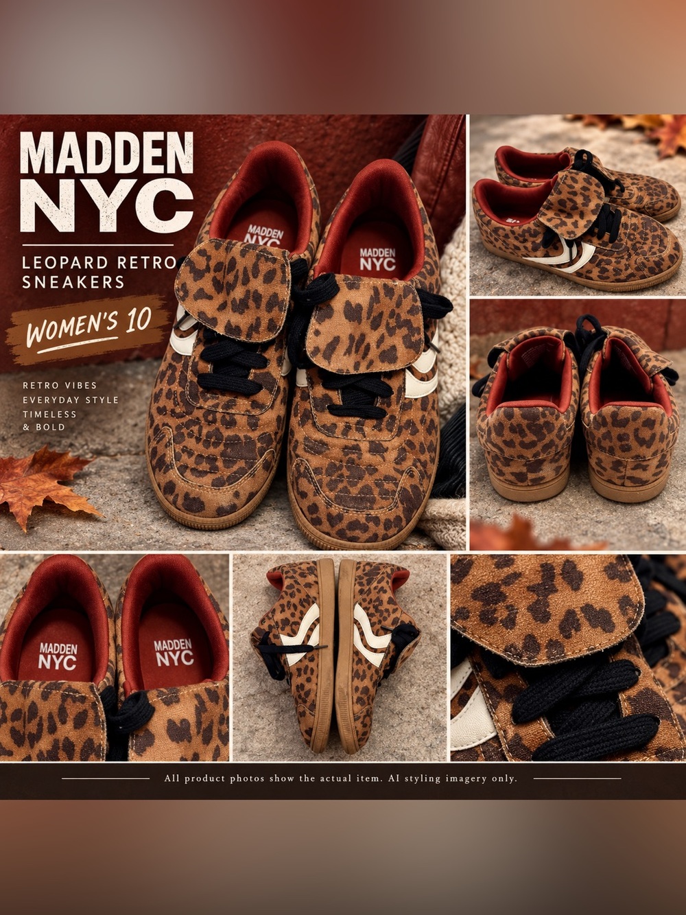 Madden NYC Leopard Foldover Tongue Sneakers Women’s 10 Retro Soccer Gum Sole EUC